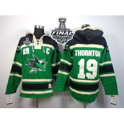 Men San Jose Sharks 19 Joe Thornton Green St  Patrick Day McNary Lace Hoodie 2016 Stanley Cup Final Patch Stitched NHL Jersey