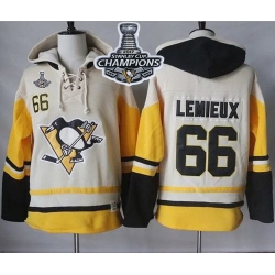 Men Pittsburgh Penguins 66 Mario Lemieux Cream Gold Sawyer Hooded Sweatshirt 2017 Stanley Cup Finals Champions Stitched NHL Jersey