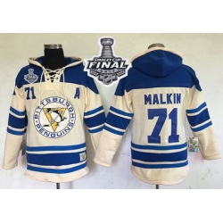 Men Pittsburgh Penguins 71 Evgeni Malkin Cream Sawyer Hooded Sweatshirt 2017 Stanley Cup Final Patch Stitched NHL Jersey