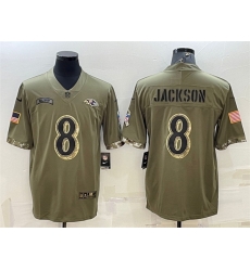 Men Baltimore Ravens 8 Lamar Jackson Olive 2022 Salute To Service Limited Stitched Jersey