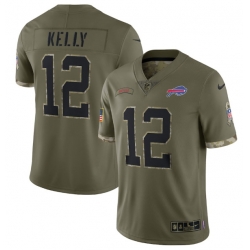 Men Buffalo Bills 12 Jim Kelly Olive 2022 Salute To Service Limited Stitched Jersey