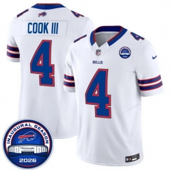 Men Buffalo Bills  4 James Cook III White F U S E  2026 Inaugural Season at Highmark Stadium Patch Stitched Football Jersey