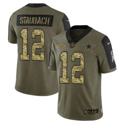 Men Dallas Cowboys 12 Roger Staubach 2021 Salute To Service Olive Camo Limited Stitched Jersey