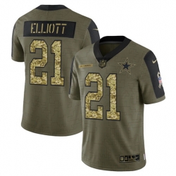 Men Dallas Cowboys 21 Ezekiel Elliott 2021 Salute To Service Olive Camo Limited Stitched Jersey