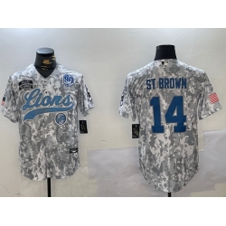 Men Detroit Lions 14 Amon Ra St Brown 2024 Arctic Camo Salute To Service Stitched Baseball Jersey 5