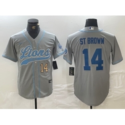 Men Detroit Lions 14 Amon Ra St  Brown Grey Cool Base Stitched Baseball Jersey 2