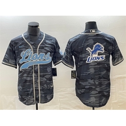 Men Detroit Lions Grey Camo Team Big Logo Cool Base Stitched Baseball Jersey