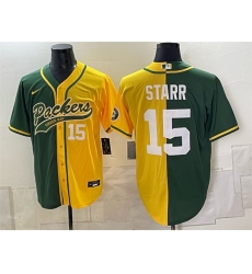 Men Green Bay Packers 15 Bart Starr Green Gold Split Cool Base Stitched Baseball Jersey Men Green Bay Packers 15 Bart Starr Green Gold Split Cool Base Stitched Baseball Jersey