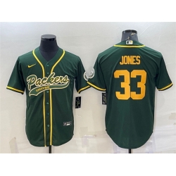 Men Green Bay Packers 33 Aaron Jones Green Gold With Patch Cool Base Stitched Baseball Jersey