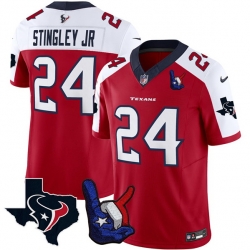 Men Houston Texans 24 Derek Stingley Jr  Red White 2023 F U S E  With Hand Sign Throwing Up The H Patch Vapor Untouchable Limited Stitched Football Jersey