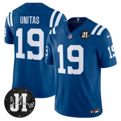 Men Indianapolis Colts 19 Johnny Unitas Blue 2025 F U S E  Jim Irsay Patch Vapor Limited Stitched Football Jersey