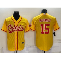 Men Kansas City Chiefs 15 Patrick Mahomes Gold With Patch Cool Base Stitched Baseball Jersey