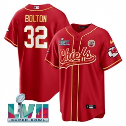 Men   Kansas City Chiefs 32 Nick Bolton Red Super Bowl LVII Patch Cool Bae Stitched Baseball Jersey