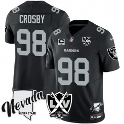 Men Las Vegas Raiders 98 Maxx Crosby Black 2024 F U S E With Nevada Silver Stat Patch And 65th Anniversary Patch 3 Star C Patch Stitched Football Jersey