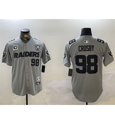 Men Las Vegas Raiders 98 Maxx Crosby Grey With Nevada Silver Stat Patch And 65th Anniversary Patch 3 Star C Patch Stitched Baseball Jersey