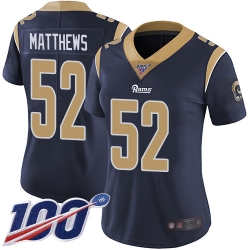 Women Rams 52 Clay Matthews Navy Blue Team Color Stitched Football 100th Season Vapor Limited Jersey