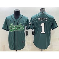 Men Philadelphia Eagles 1 Jalen Hurts Green With Patch Cool Base Stitched Baseball Jersey