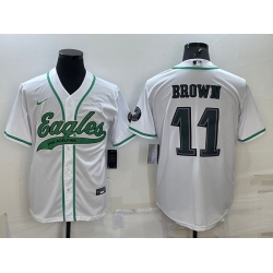 Men Philadelphia Eagles 11 A J Brown White With Patch Cool Base Stitched Baseball Jersey