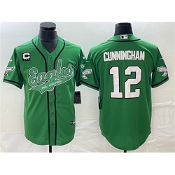 Men Philadelphia Eagles 12 Randall Cunningham Green With C Patch Cool Base Stitched Baseball Jersey