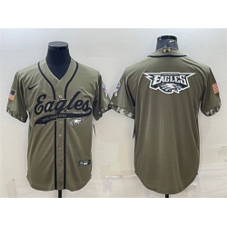 Men Philadelphia Eagles Olive 2022 Salute To Service Team Big Logo Cool Base Stitched Baseball Jersey II