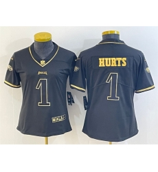 Women Philadelphia Eagles 1 Jalen Hurts Black Golden Edition Stitched Football Jersey