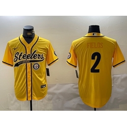 Men Pittsburgh Steelers 2 Justin Fields Yellow With Patch Cool Base Stitched Baseball Jersey 2