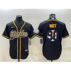 Men Pittsburgh Steelers 90 T J Watt Black Team Big Logo With Patch Cool Base Stitched Baseball Jersey