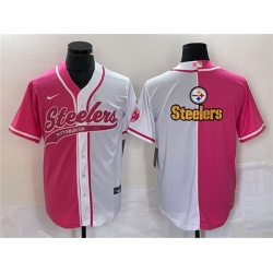 Men Pittsburgh Steelers White Pink Split Team Big Logo Cool Base Stitched Baseball Jersey