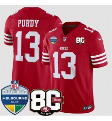 Men San Francisco 49ers  13 Brock Purdy Red 80th Anniversary And Melbourne Game Patch 2026 F U S E  Vapor Untouchabl2026 F U S E  Vapor Untouchable Limited