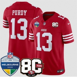 Men San Francisco 49ers  13 Brock Purdy Red 80th Anniversary And Melbourne Game Patch 2026 F U S E  Vapor Untouchabl2026 F U S E  Vapor Untouchable Limited