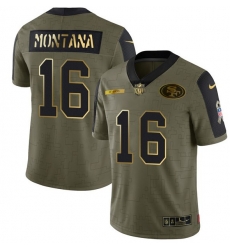 Men San Francisco 49ers 16 Joe Montana 2021 Olive Camo Salute To Service Golden Limited Stitched Jersey