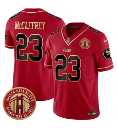 Men San Francisco 49ers 23 Christian McCaffrey Red F U S E  Golden Gate Bridge Patch Scarlet Vapor Limited Stitched Football Jersey