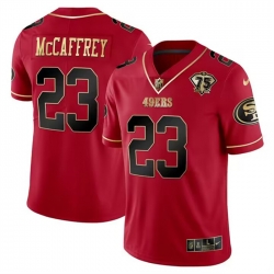 Men San Francisco 49ers 23 Christian McCaffrey Red Gold 75 Anniversary Patch Limited Stitched Football Jersey