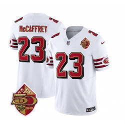 Men San Francisco 49ers 23 Christian McCaffrey White 2023 F U S E  50th Patch Vapor Untouchable Limited Stitched Football Jersey