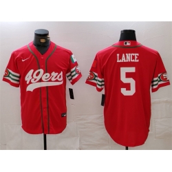 Men San Francisco 49ers 5 Trey Lance Red With Patch Cool Base Stitched Baseball Jersey