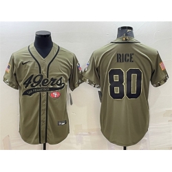 Men San Francisco 49ers 80 Jerry Rice 2022 Olive Salute To Service Cool Base Stitched Baseball Jersey