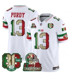 Men San Francisco 49ers Active Player Custom White Mexico 80th Anniversary Five Time Super Bowl Champions Patch 2026 F U S E Vapor Untouchable Limited Stit