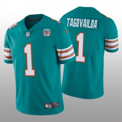 Men Miami Dolphins 1 Tua Tagovailoa 2022 Aqua With 50th Perfect Season Patch Limited Stitched JerseyS