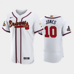 Men Atlanta Braves 10 Chipper Jones 2022 White Gold World Series Champions Program Flex Base Stitched Baseball jersey