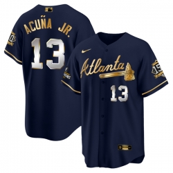 Men Atlanta Braves 13 Ronald Acuna Jr  2021 Navy Gold World Series Champions With 150th Anniversary Patch Cool Base Stitched Jersey