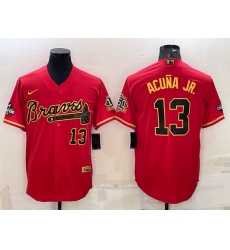 Men Atlanta Braves 13 Ronald Acuna Jr  Red Gold Cool Base Stitched Baseball Jersey