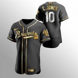 Men Nike Atlanta Braves Chipper Jones 10 Black Gold Edition Jersey