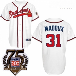 Mens Majestic Atlanta Braves 31 Greg Maddux Authentic White w75th Anniversary Commemorative Patch MLB Jersey