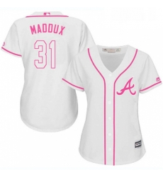 Womens Majestic Atlanta Braves 31 Greg Maddux Replica White Fashion Cool Base MLB Jersey