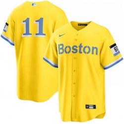 Men Boston Red Sox 11 Rafael Devers Nike Gold Light Blue 2021 City Connect Player Jersey