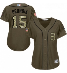 Womens Majestic Boston Red Sox 15 Dustin Pedroia Replica Green Salute to Service MLB Jersey