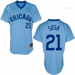 Mens Majestic Chicago Cubs 21 Sammy Sosa Authentic BlueWhite Strip Cooperstown Throwback MLB Jersey