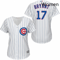 Womens Majestic Chicago Cubs 17 Kris Bryant Replica WhiteBlue Strip Fashion MLB Jersey