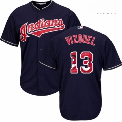 Mens Majestic Cleveland Indians 13 Omar Vizquel Authentic Navy Blue Team Logo Fashion Cool Base MLB Jersey 