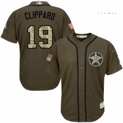 Mens Majestic Houston Astros 19 Tyler Clippard Replica Green Salute to Service MLB Jersey 